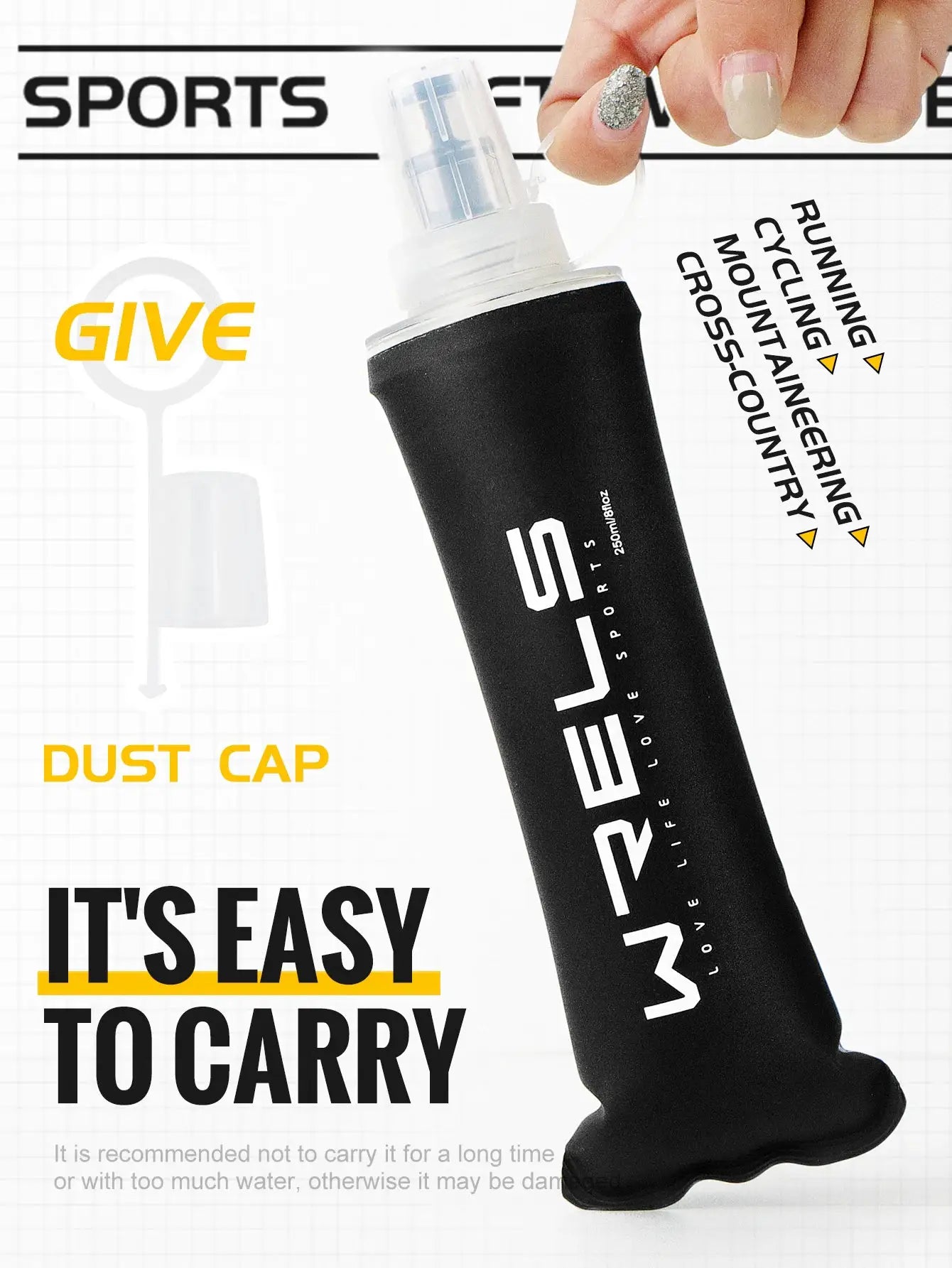 WRELS soft flask bottle by Simples Market; black TPU collapsible hydration bottle with squeeze nozzle and dust cap