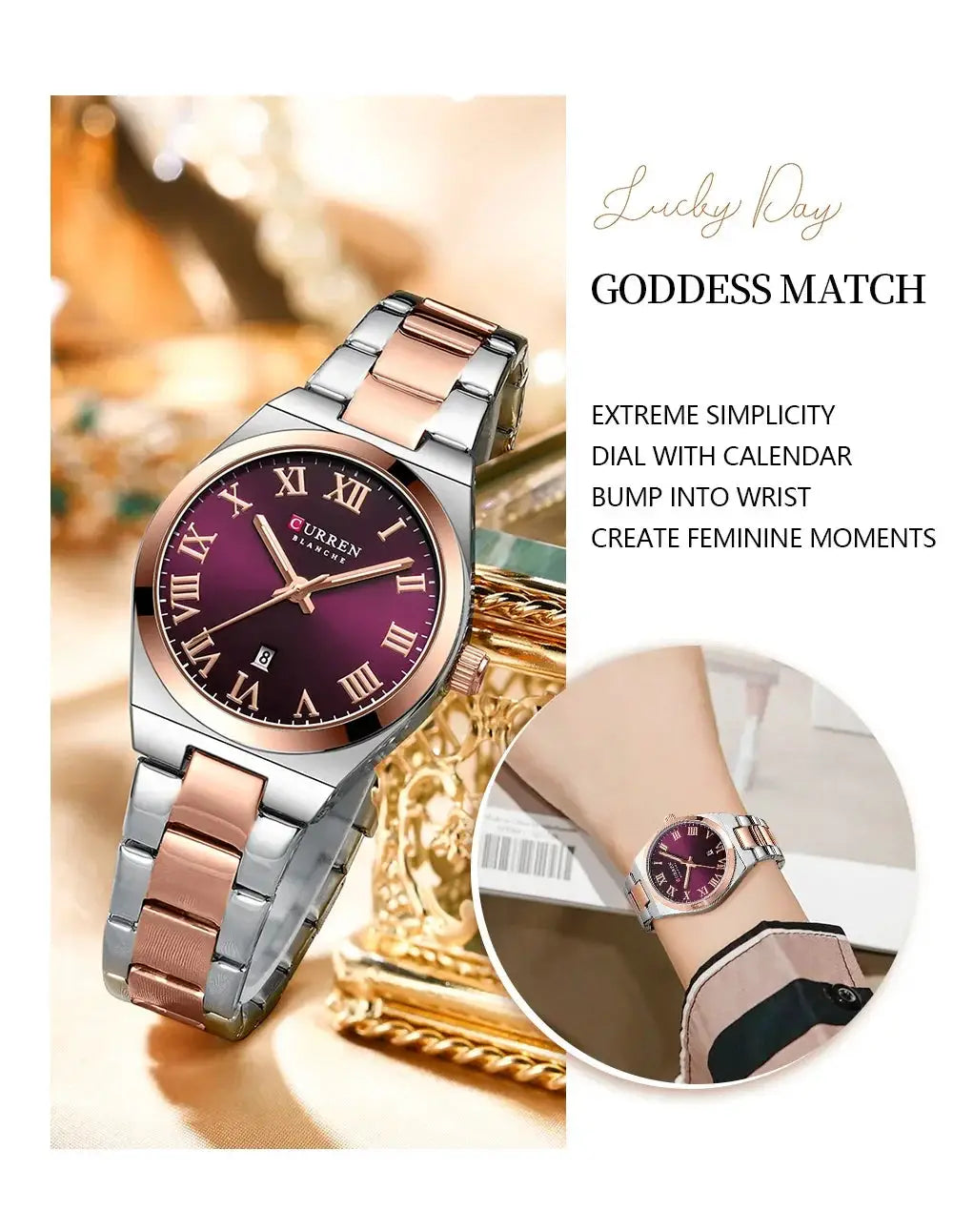 CURREN women's watch with two-tone stainless steel bracelet, purple dial with Roman numerals and date window.