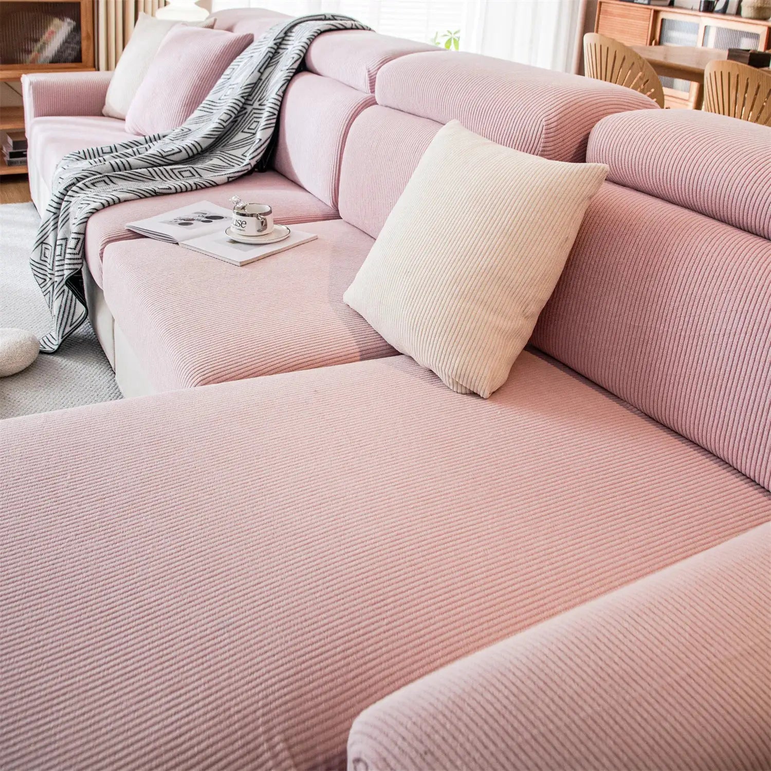 Pink ribbed stripe jacquard sofa seat cushion cover, removable and washable