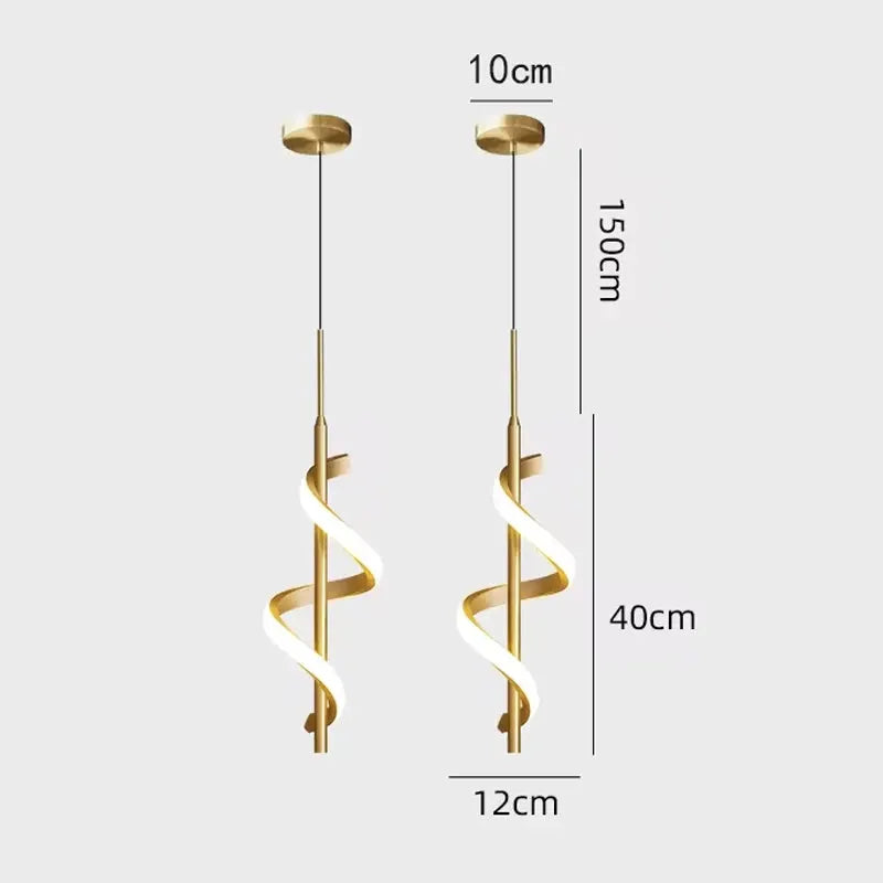Pair of Lustre LED spiral pendant lights in gold finish for ceiling, modern dining room fixtures.