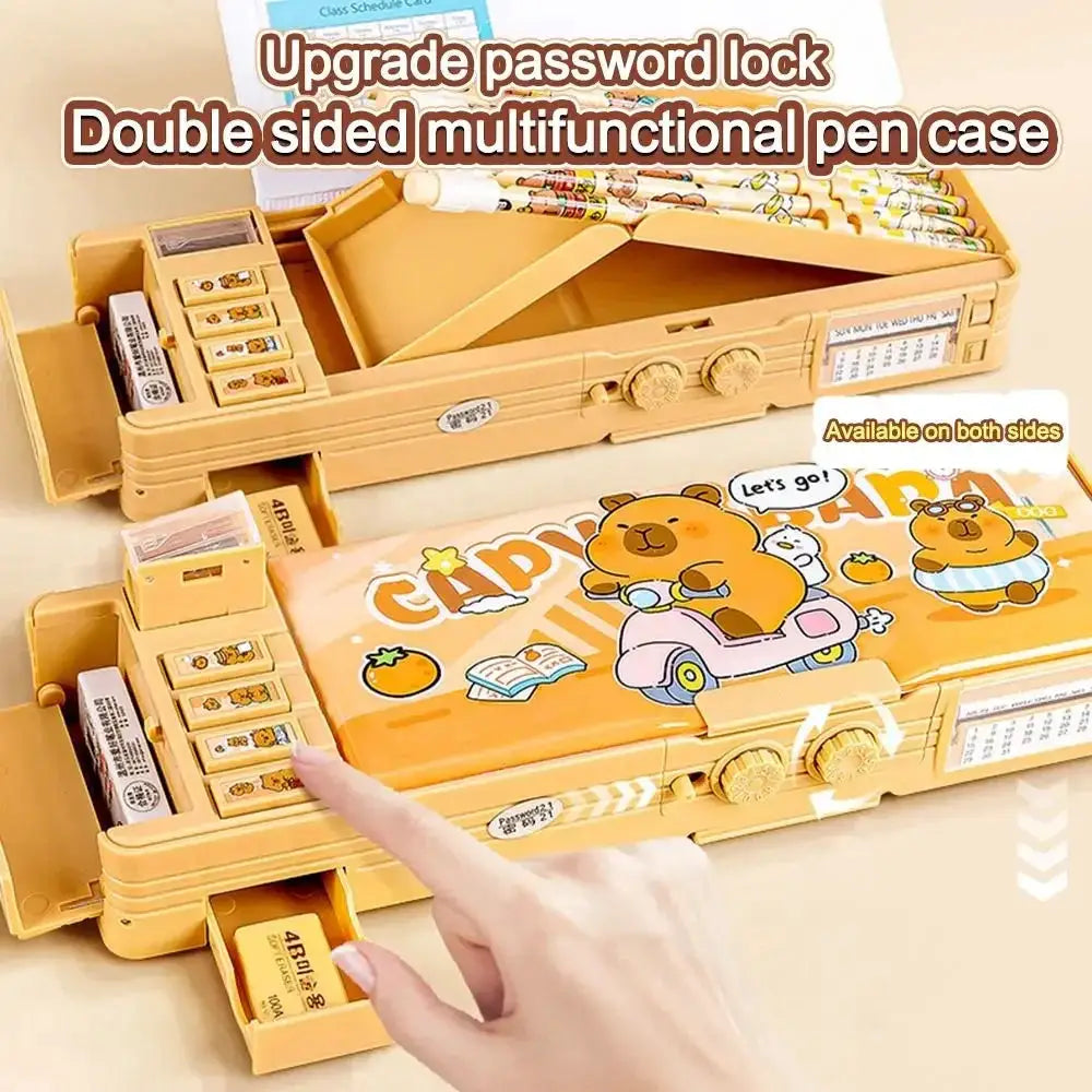 Two Capibara ABS pen cases by Simples Market; password-locked, double-sided colorful pencil boxes with capybara design.