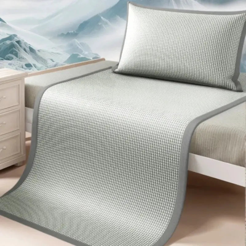Ice silk sleeping mat, Simples Market 1-piece grey jacquard cooling pad with breathable nonwoven cover on dorm bed