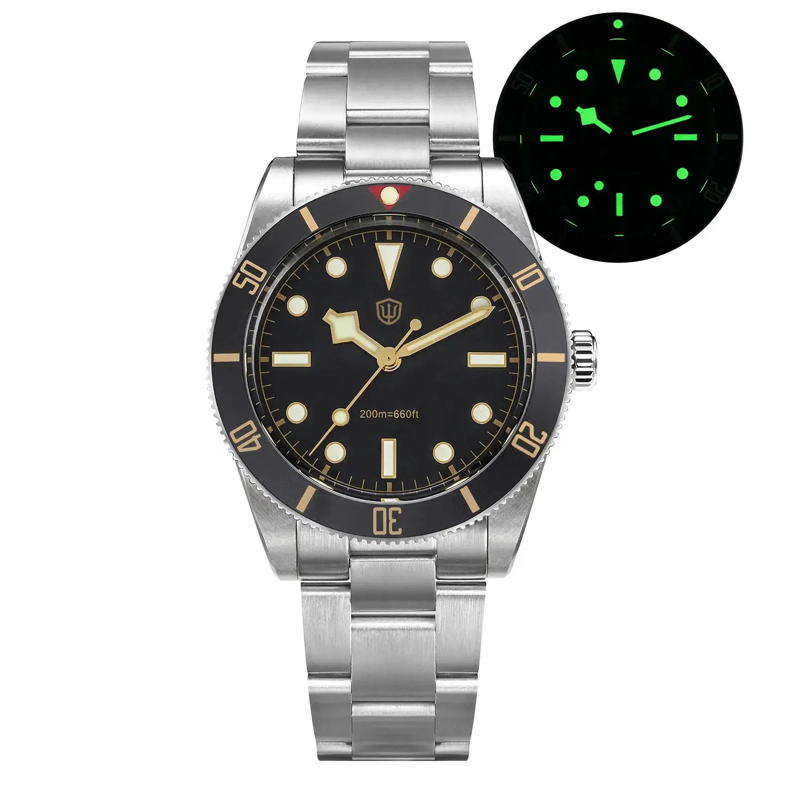 Watchdives WD7922 BB54 diver watch with stainless steel band; black dial and glow lume dial inset (two items)