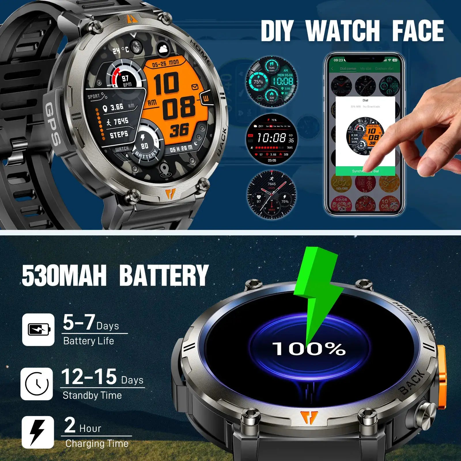 EIGIIS KE3 Bluetooth Smartwatch for men with full touch screen, heart-rate monitor, silver case, black strap