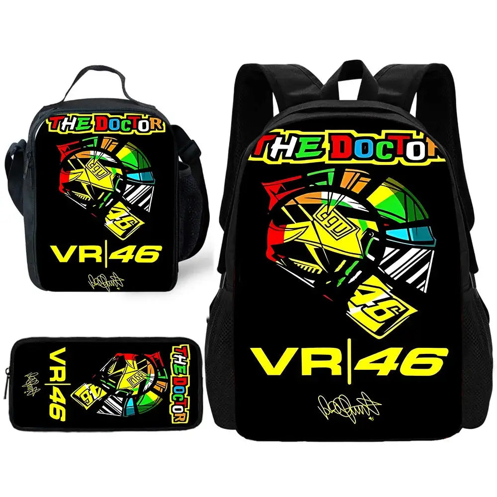 VR46 The Doctor kids backpack set with helmet graphic lunch bag and pencil case; 3-piece black
