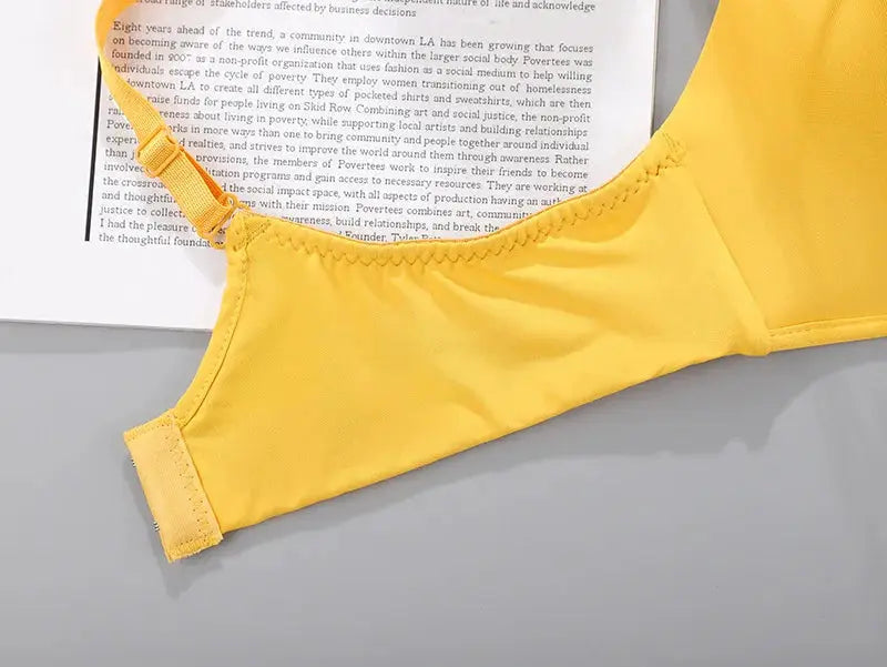 Yellow wireless seamless bra for women with adjustable straps; breathable, no wires