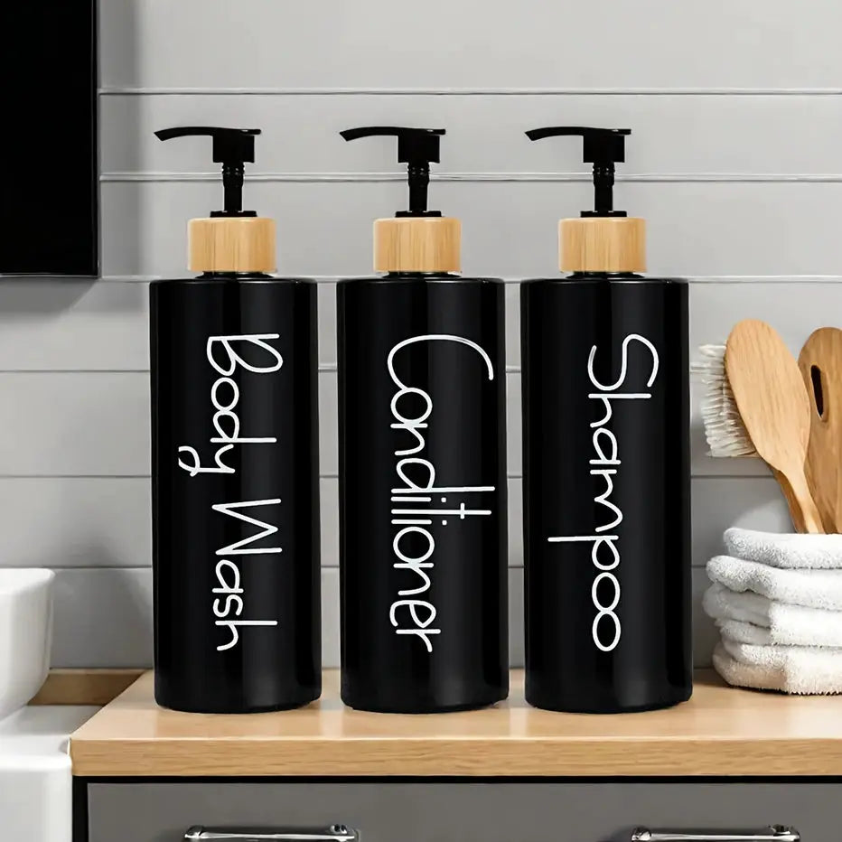 Three Pack Reusable Bathroom Pump Dispenser Bottles Shampoo Shower Gel