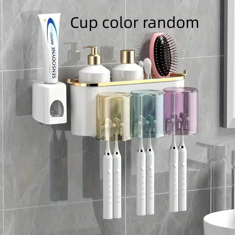 BrightNest Toothbrush Holder With Squeezer And Mouthwash Cup Adhesive Mount Perforation Free Design For Home Organizing