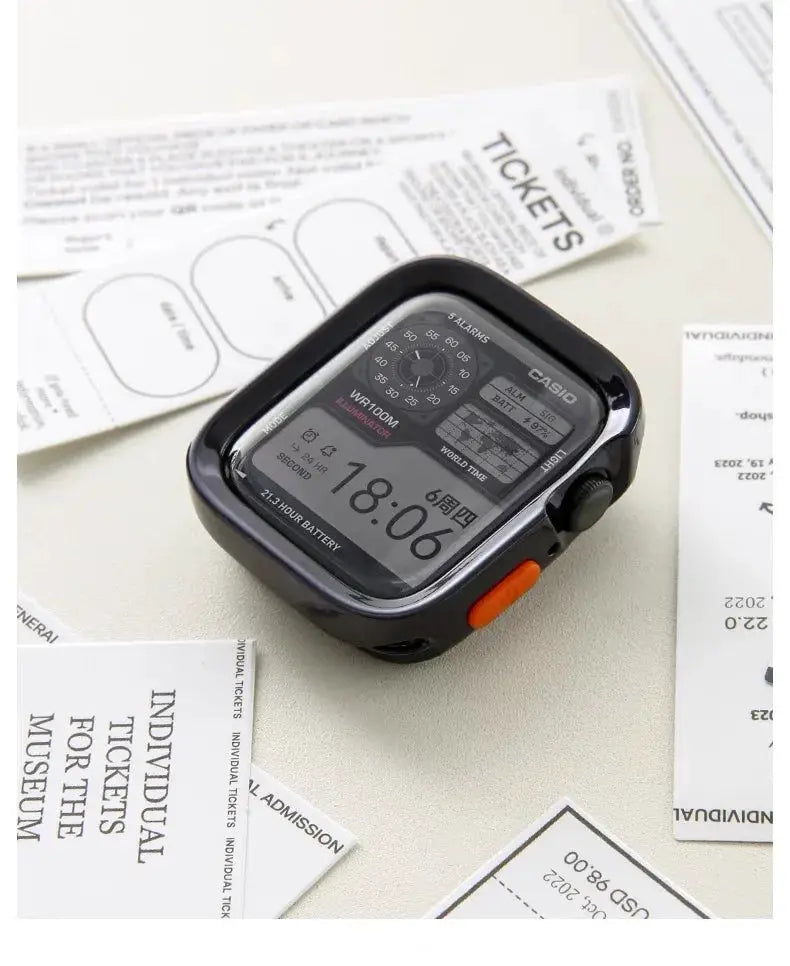 Bumper soft silicone case for Apple Watch by Simples Market; black matte with orange side button, anti-drop