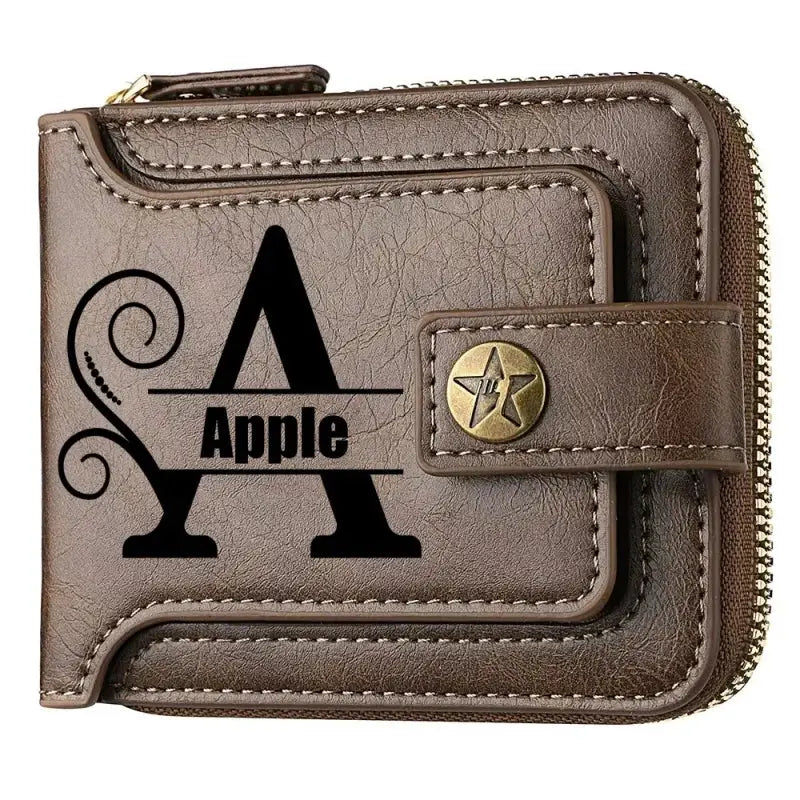 Personalized PU leather chain short wallet for men, brown bifold with engraved name and text by Simples Market