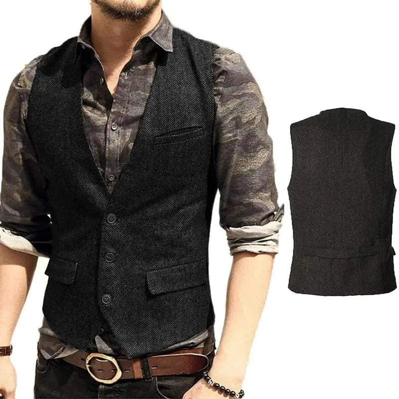 Men's herringbone suit vest, dark charcoal, slim-fit waistcoat with front pockets