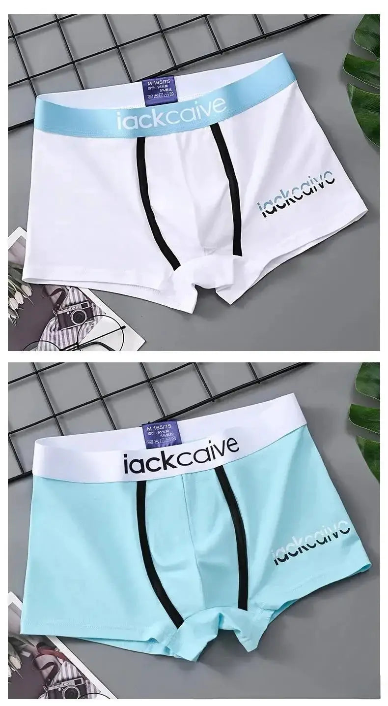 Boxers by jackcaive, 2-pack men's cotton breathable underwear in white and light blue with black piping