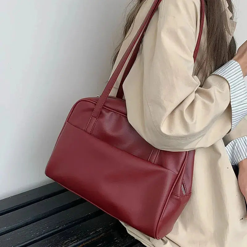 Korean style large-capacity red leatherette shoulder tote bag by Simples Market with top handles and side zip pocket