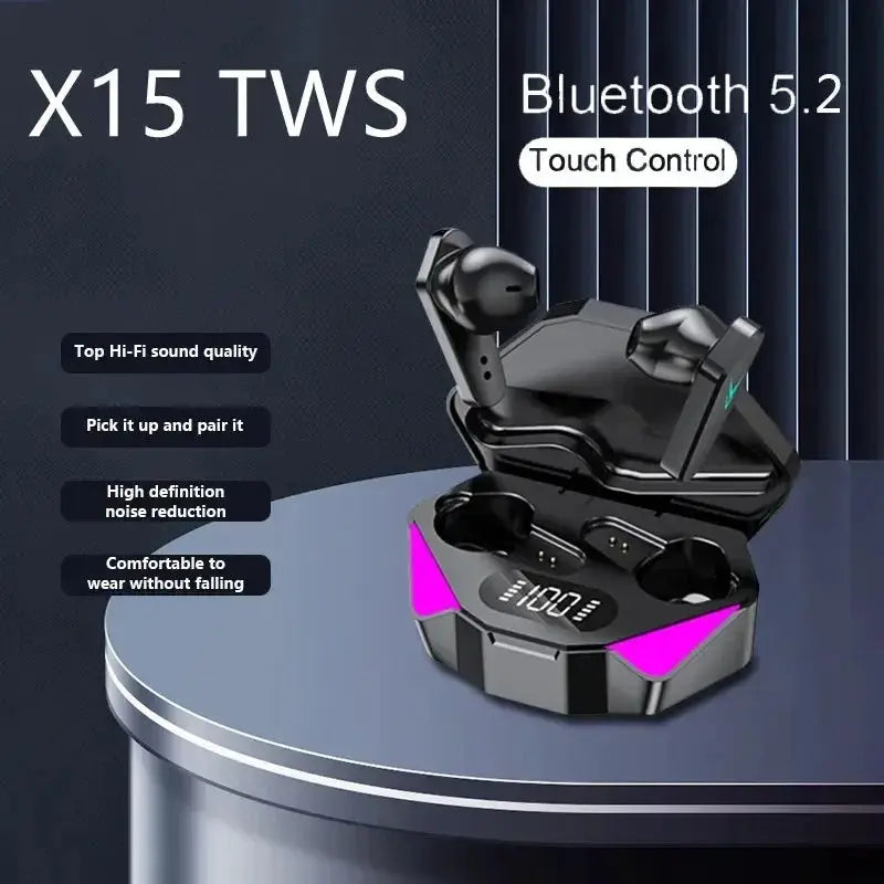 Bluetooth X15 TWS gaming earphones with built-in mic; black earbuds with pink accents and LED indicators