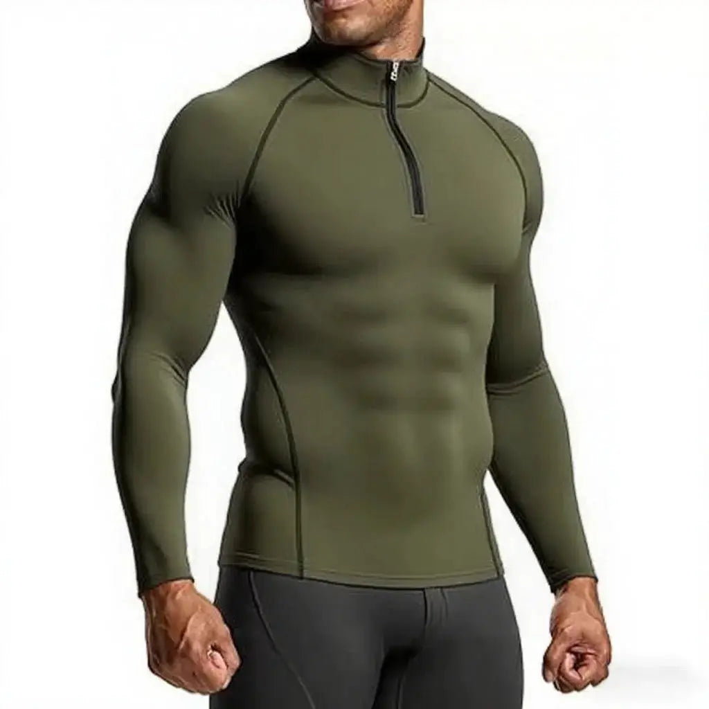 Simples Market men's olive green zip-neck long-sleeve compression gym shirt