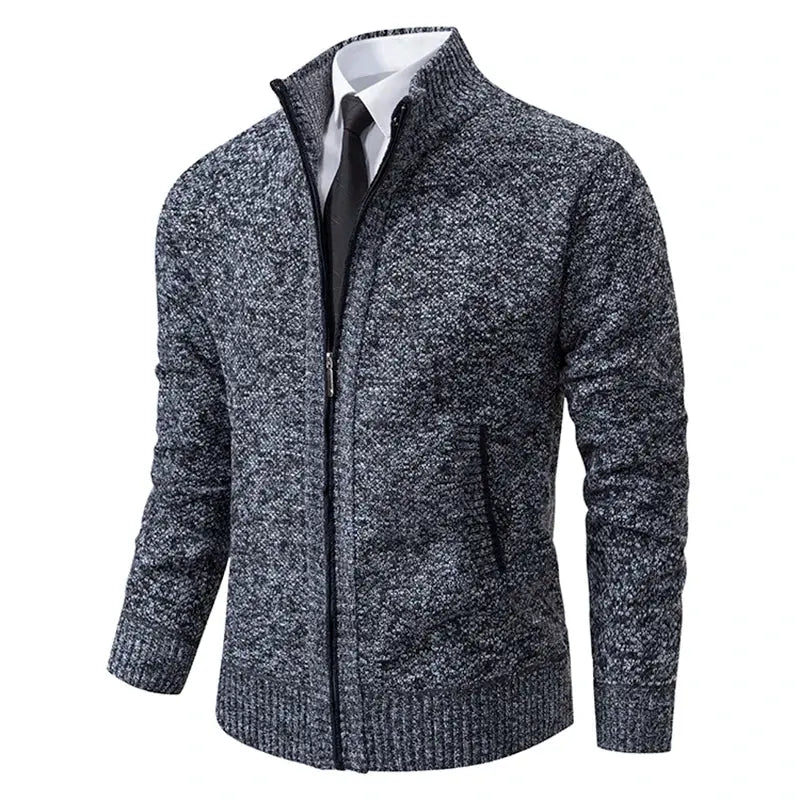 Mens Autumn Winter Solid Color Casual Sports Coat Stand Collar Fleece Lined Zipper Cardigan Warm