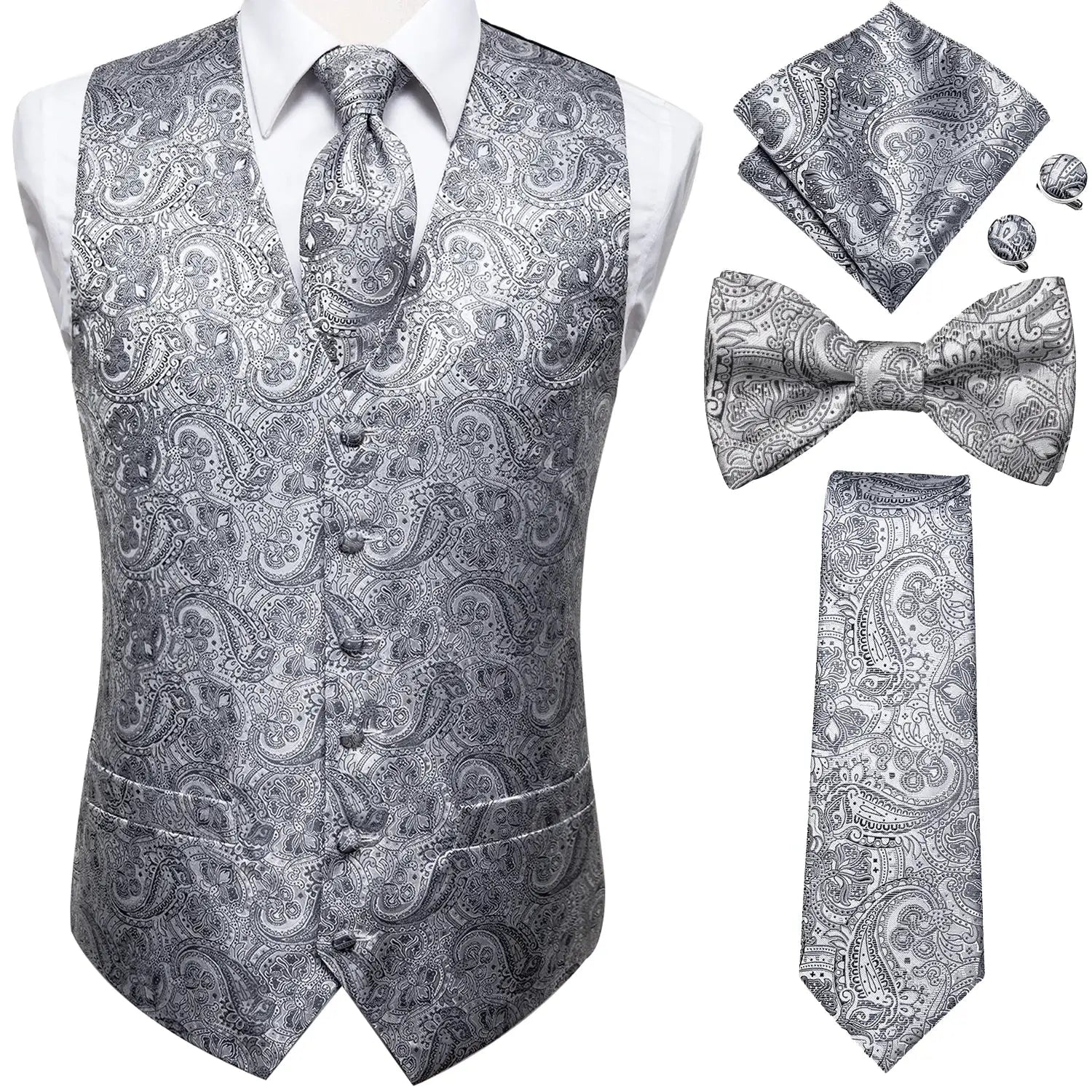 Men's paisley waistcoat set with matching tie, bow tie, pocket square and cufflinks in silver-gray