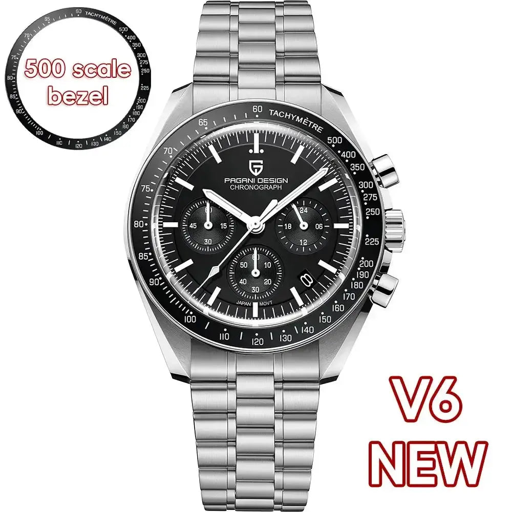 Pagani Design chronograph men's watch with stainless steel bracelet, black dial, tachymeter bezel