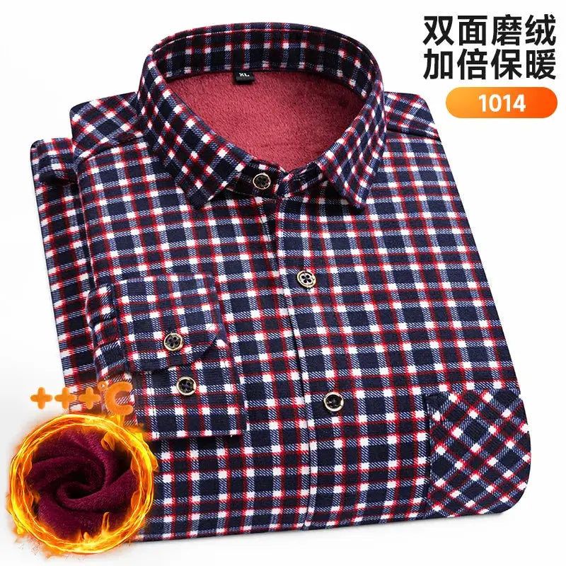Simples Market men's thickened warm long-sleeve navy plaid shirt with red fleece lining
