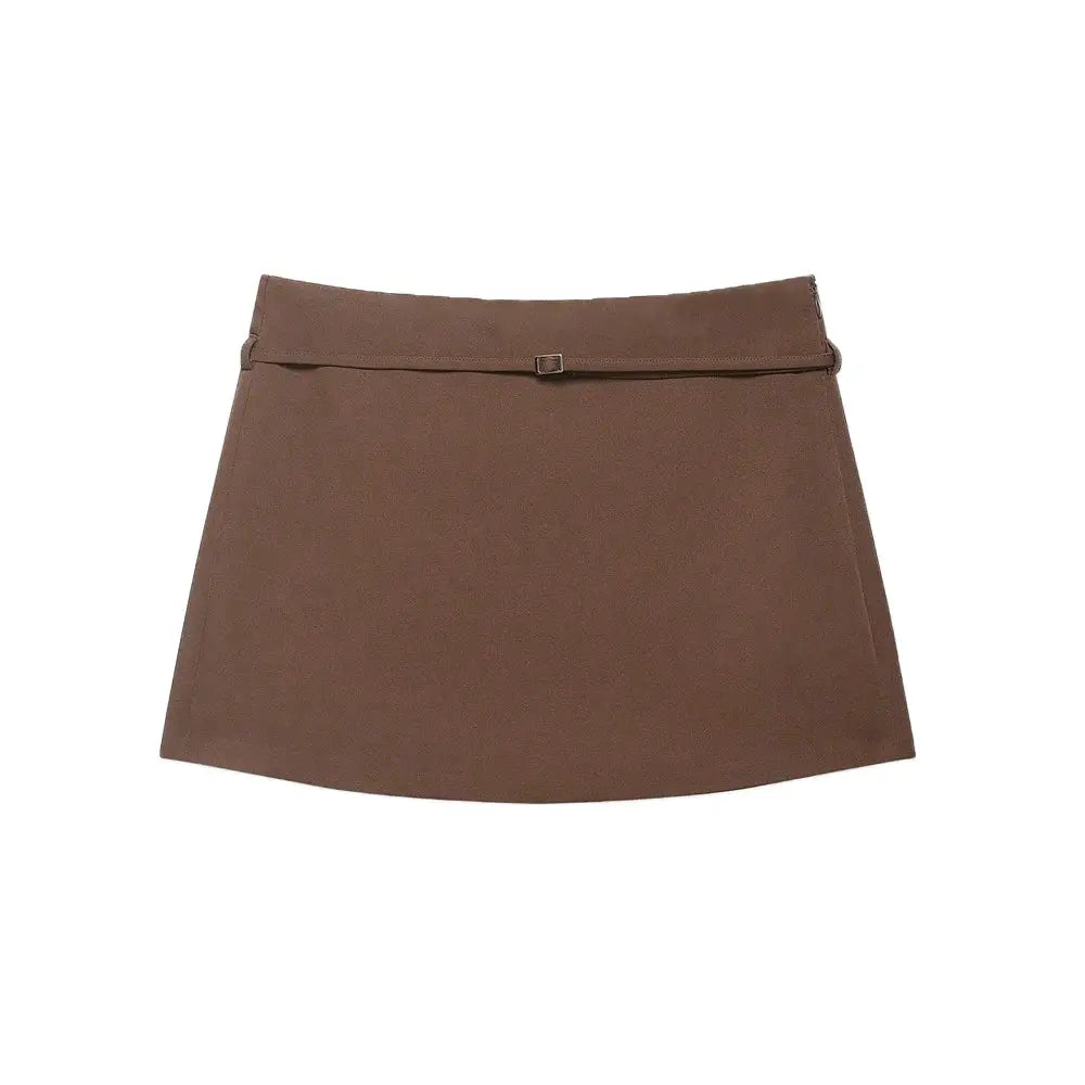 Women's brown solid-color skort with belt and side zipper, casual and stylish Simples Market