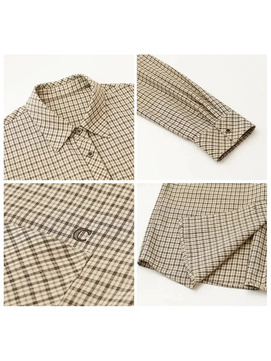 Chic Ven women's beige plaid shirt, loose casual fit, single-breasted with collar and embroidered detail