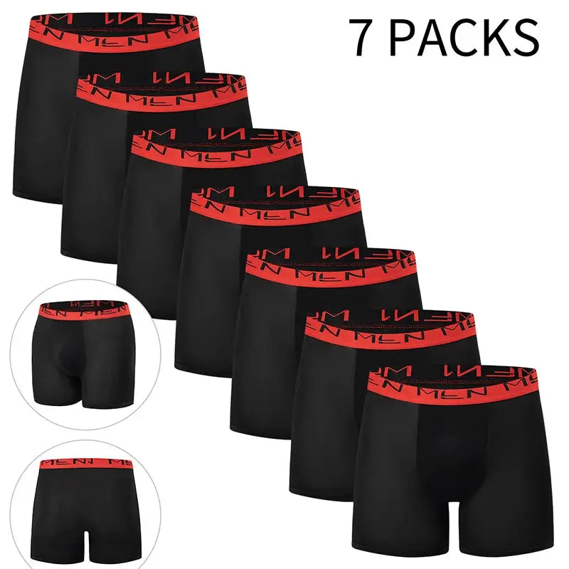 Men's boxer briefs, 7-pack, black with red elastic waistbands.