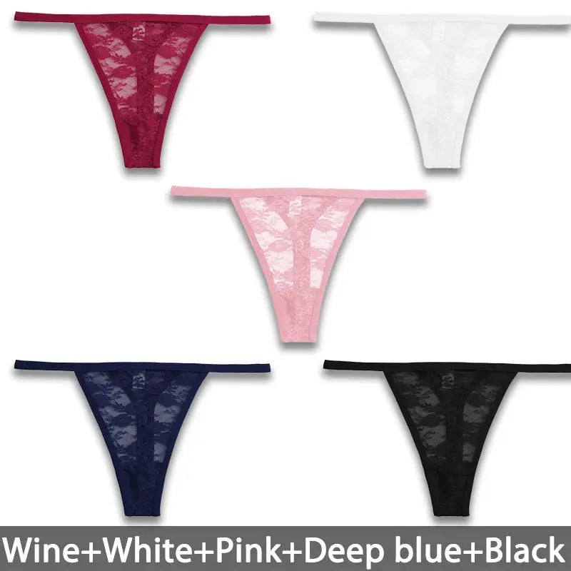 5-pack of women's lace thong panties in wine, white, pink, deep blue, and black
