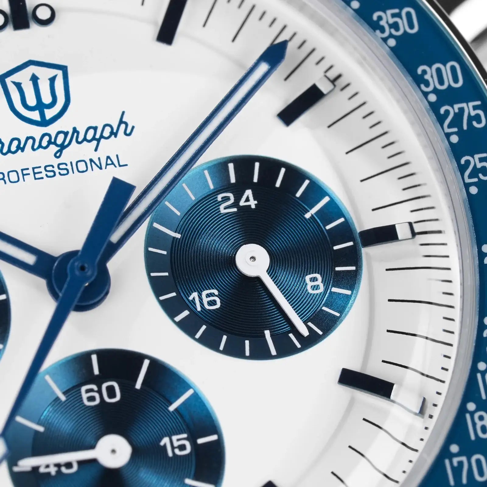 Watchdives WD1863 39mm chronograph watch with blue subdials, white dial and blue bezel.