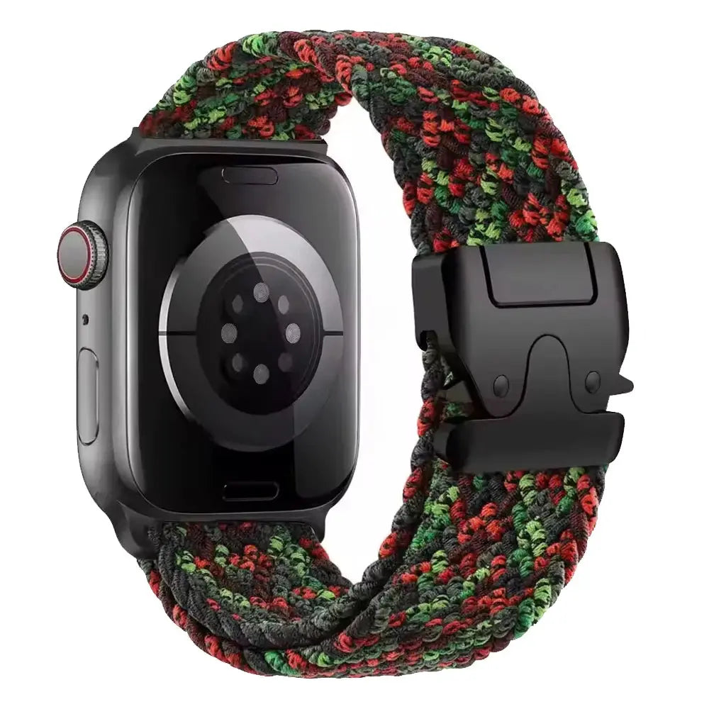Parachute braided Apple Watch strap with black clasp, red/green/black paracord, Simples Market.
