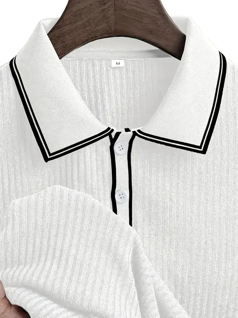 Men's polo shirt, white ribbed knit with black piping along collar and placket, size M