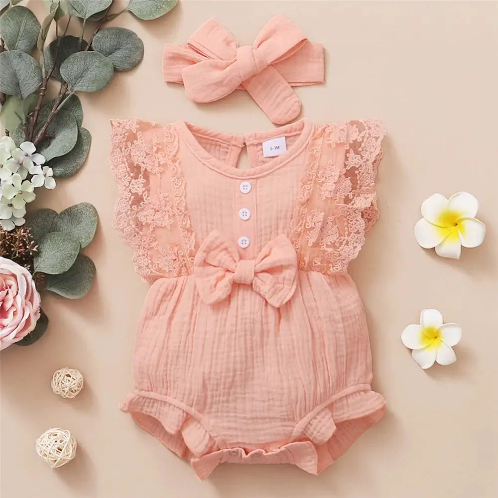 Baby Girl Sleeveless Lace Edge Romper And Headband Set For Newborn To 18 Months Summer Casual Jumpsuit