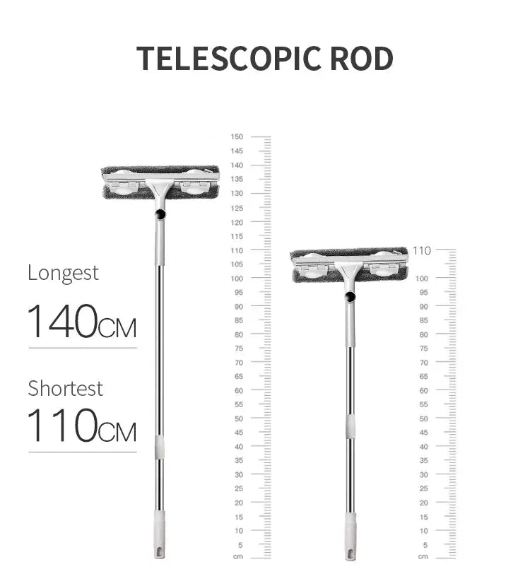Two telescopic rod window cleaners with long silver handles and microfiber pads; adjustable 110–140 cm, Simples Market.