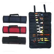 Simples Market Oxford canvas roll-up tool bag set; three blue, red and black rolls with organized tool slots.