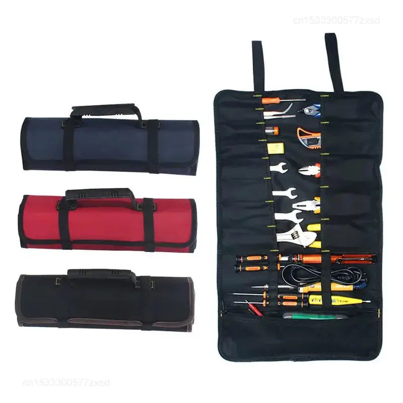 Simples Market Oxford canvas roll-up tool bag set; three blue, red and black rolls with organized tool slots.