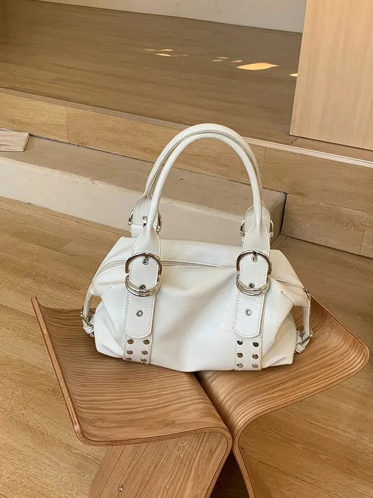 Shoulder bag white PU leather with rivet straps, metal buckles, double handles by Simples Market