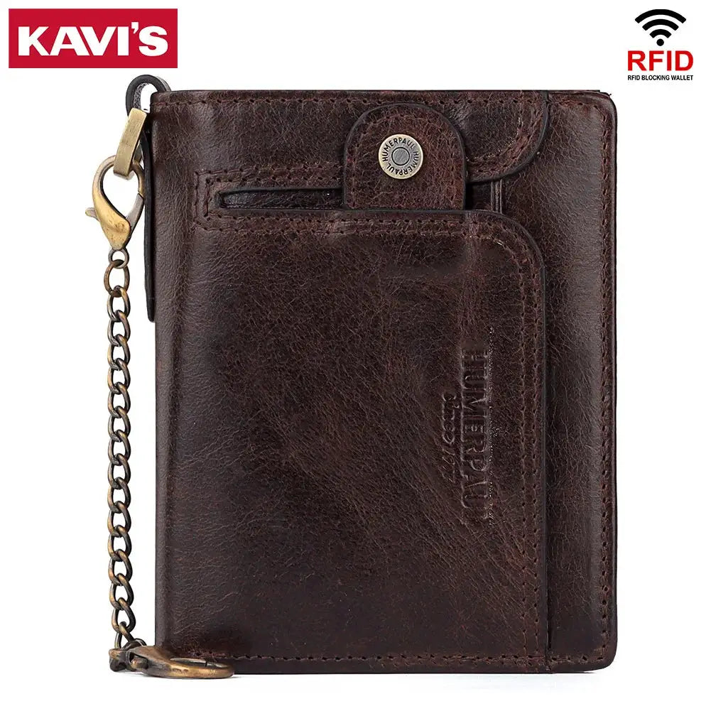 KAVIS real leather wallet for men with RFID blocking, short bifold with zipper coin pocket and anti-theft chain