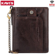 KAVIS real leather wallet for men with RFID blocking, short bifold with zipper coin pocket and anti-theft chain