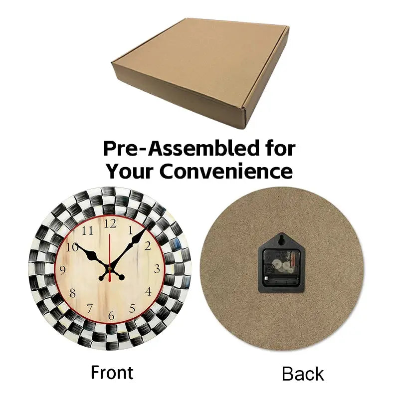Wooden round wall clock with black-and-white grid border; silent movement by Simples Market