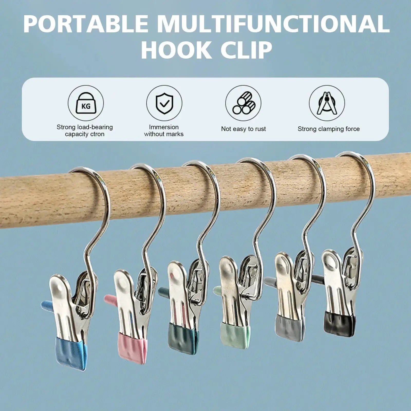 Stainless steel clothespins with colored grips on a wooden rod; several clips for laundry organization