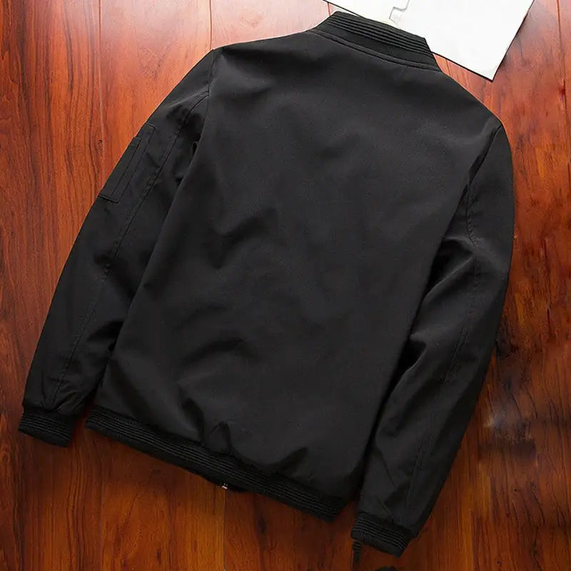 Men's bomber jacket by Simples Market; black thin windbreaker with ribbed collar, cuffs and hem