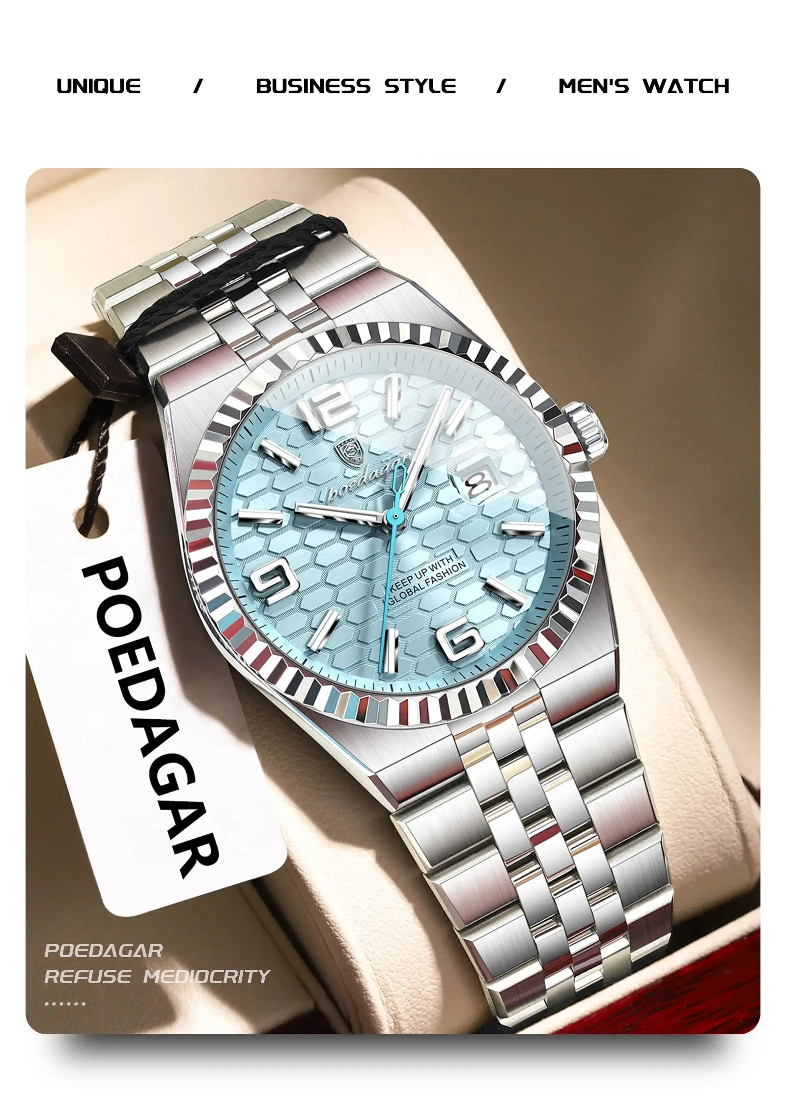 POEDAGAR stainless steel men's watch with blue honeycomb dial, luminous hands, date, waterproof quartz with box