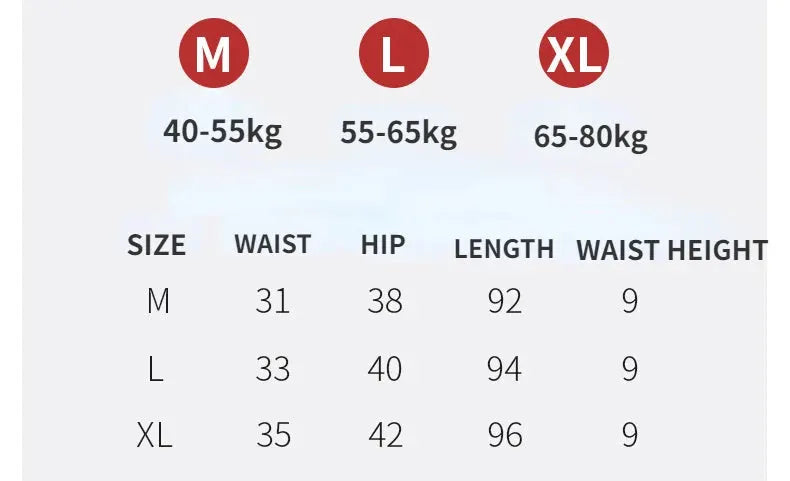 Simples Market winter cashmere leggings size chart with M/L/XL, waist 31/33/35 cm, hip 38/40/42 cm, length 92/94/96 cm