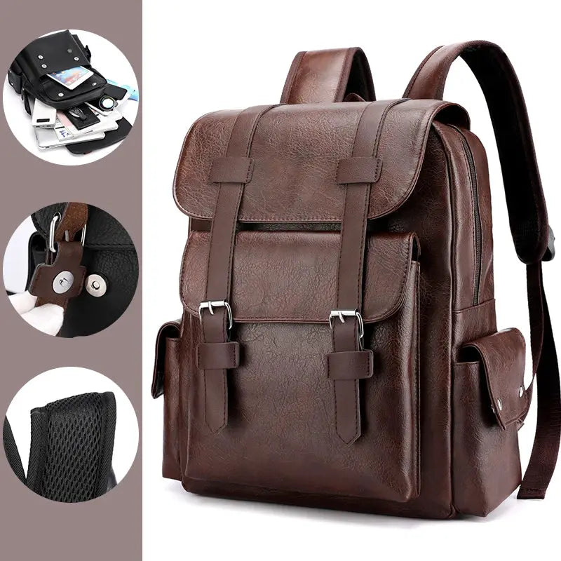 Simples Market brown PU leather backpack with flap, large laptop compartment, men's schoolbag
