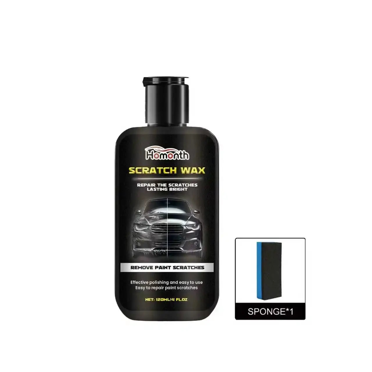 Car scratch repair wax by Simples Market, black bottle, 120ml, includes 1 sponge.