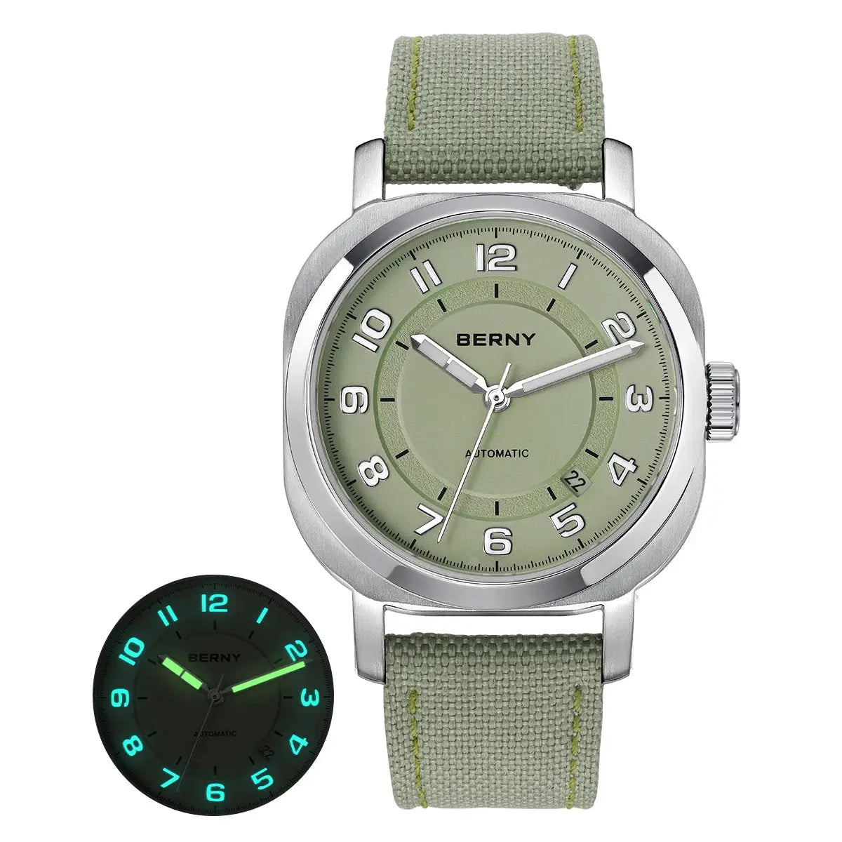 BERNY women's automatic wristwatch with olive-green dial and green fabric strap; stainless steel case