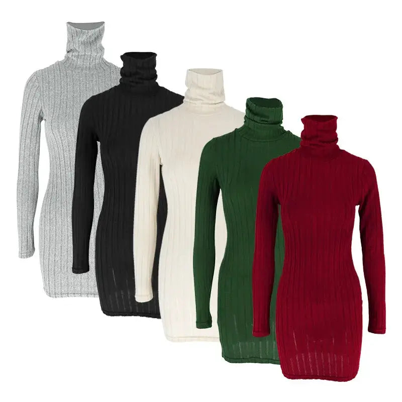 Autumn Winter Women Turtleneck Solid Knitted Bodycon Mini Dress Party