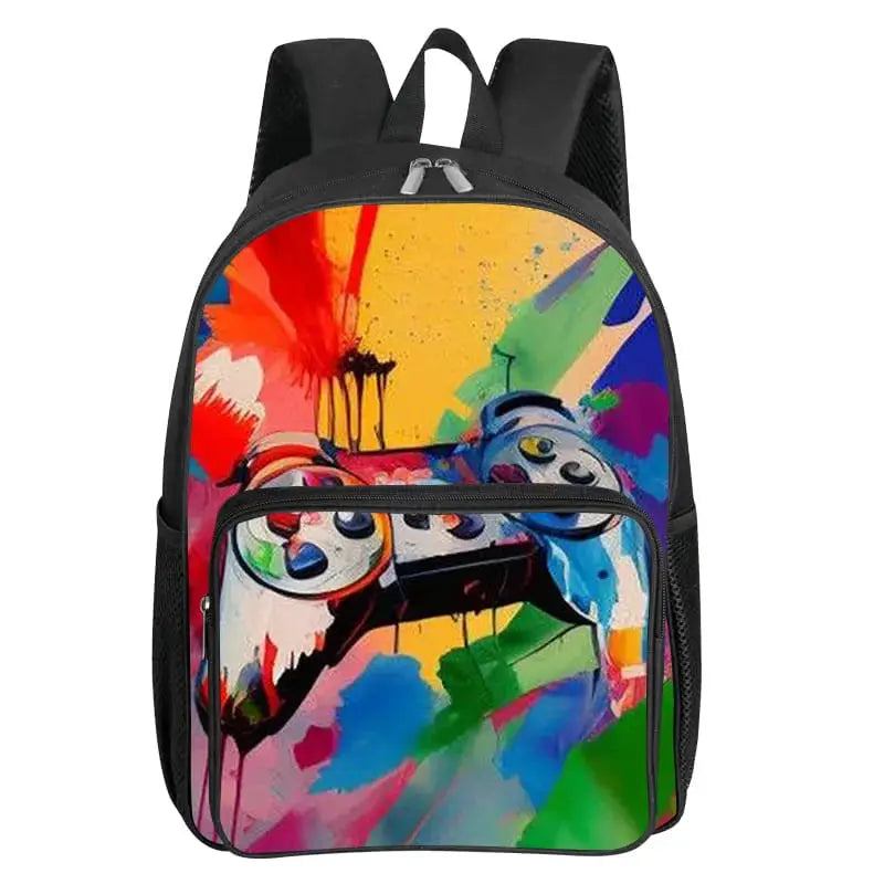 GamePad pattern square-front kids' backpack with black sides and colorful abstract front panel