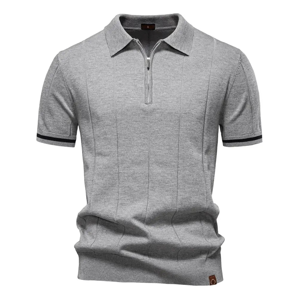 AIOPESON men's gray solid color sport zipper polo shirt, short sleeves, slim fit