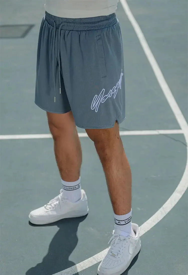 Trend men's mesh beach swim shorts, gray quick-dry loose jogger with drawstring and white script logo on left leg.
