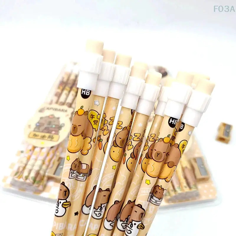 12-piece capybara HB pencils set with cute beige cartoon designs and white erasers